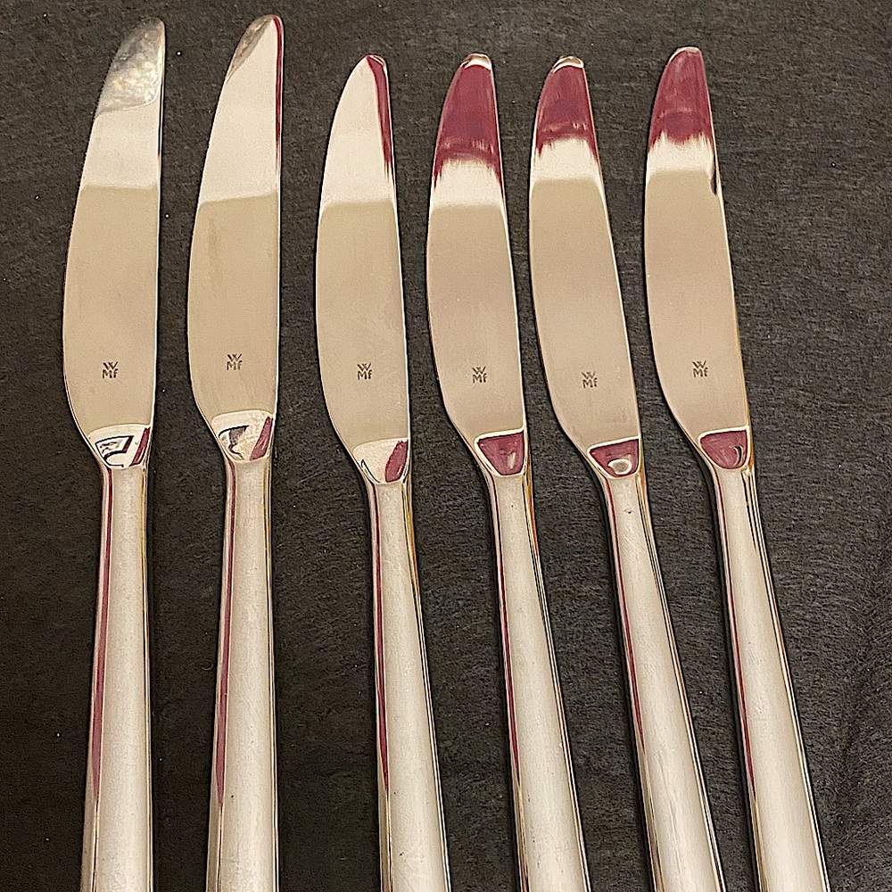WMF Cromargan 4 Dinner Knives 8” & 2 Steak 9” Boston Pattern Stainless Flatware.